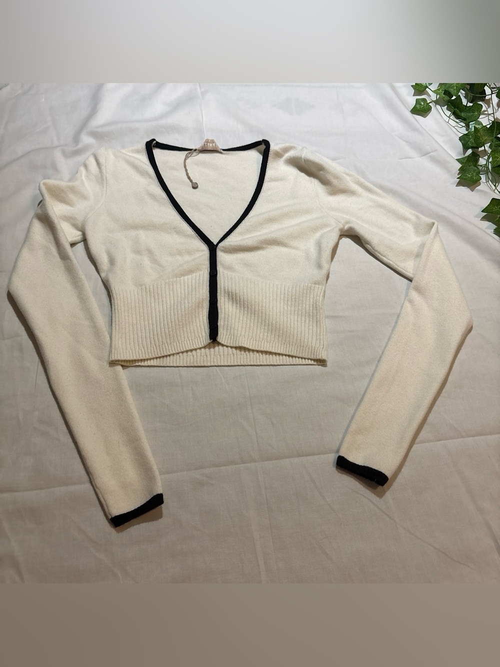Cropped Cream V-Neck Cardigan with Black Trim